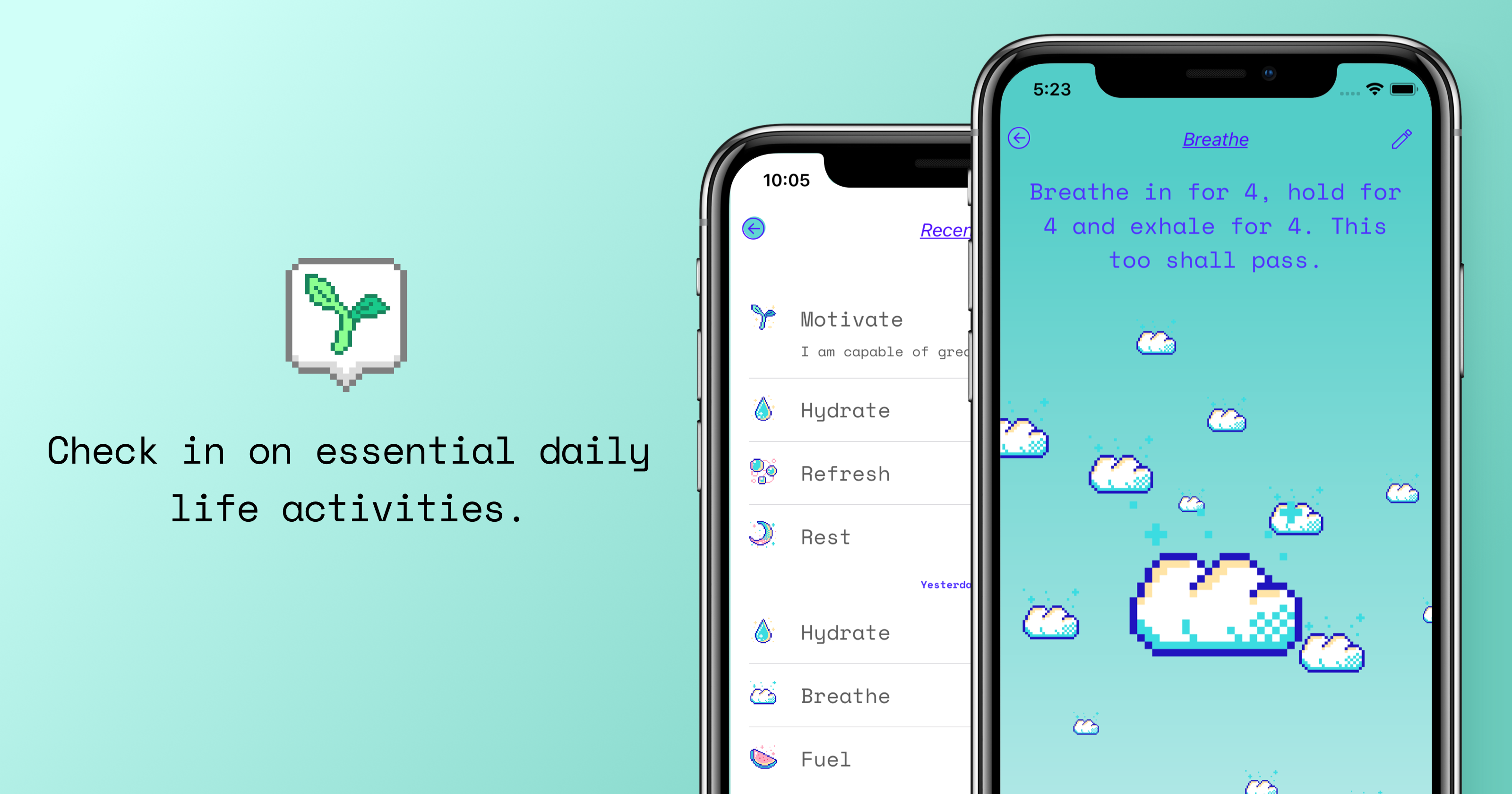 App Store artwork featuring Aloe Bud, a self-care pocket companion, with text saying "Check in on essential daily life activities."